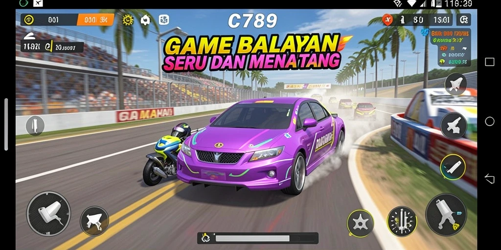 Screenshot gameplay C789 yang menunjukkan tindakan balapan intens.