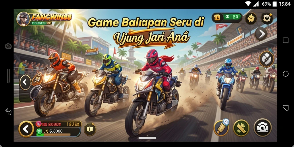 Screenshot gameplay FANGWIN88 menunjukkan aksi balapan yang intens.