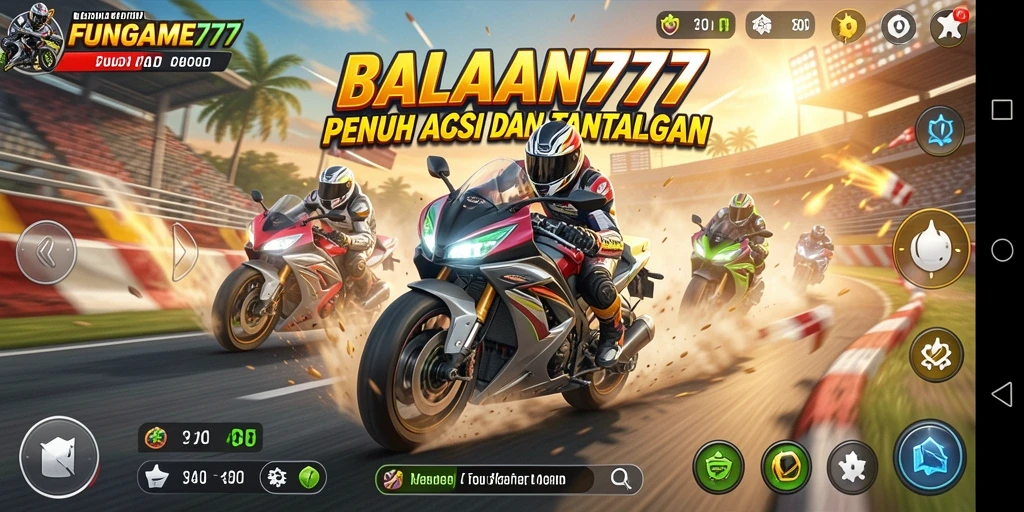 Screenshot gameplay FUNGAME777 menampilkan aksi balapan motor yang seru dan mendebarkan.