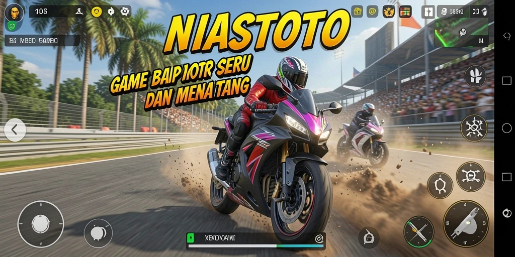 Screenshot gameplay NIASTOTO menampilkan balapan motor yang seru dan grafis menakjubkan.