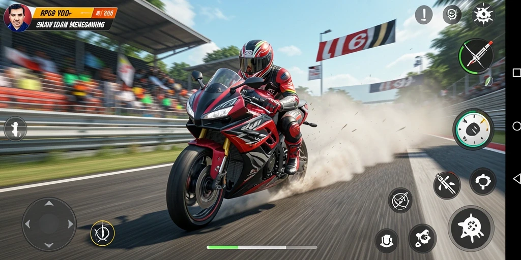 Screenshot utama RP886 menampilkan aksi balapan motor yang seru dan realistis.