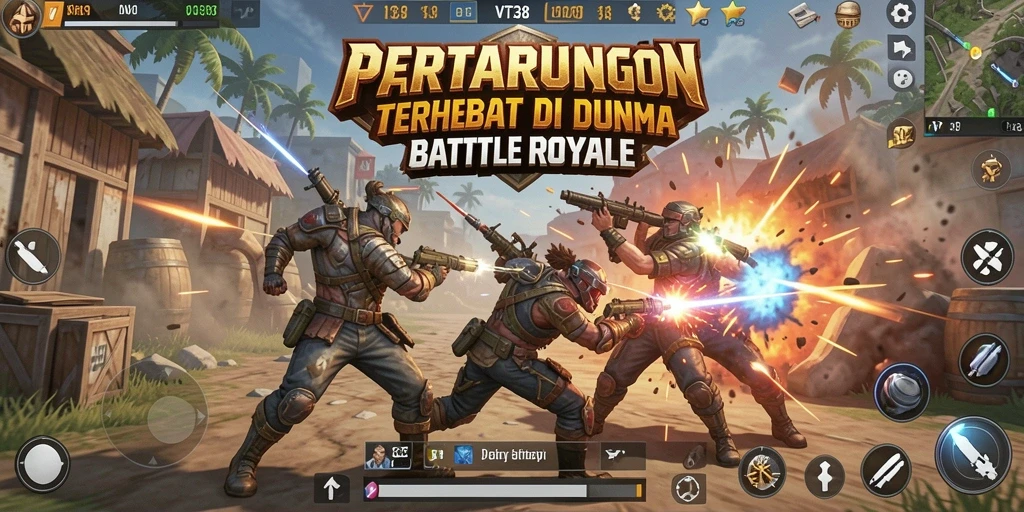 Tangkapan layar utama VT38 menunjukkan aksi seru dalam pertandingan Battle Royale.